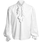 White Men's Baroque Ruffle Shirt with Stand-Up Collar & Lace Cuffs