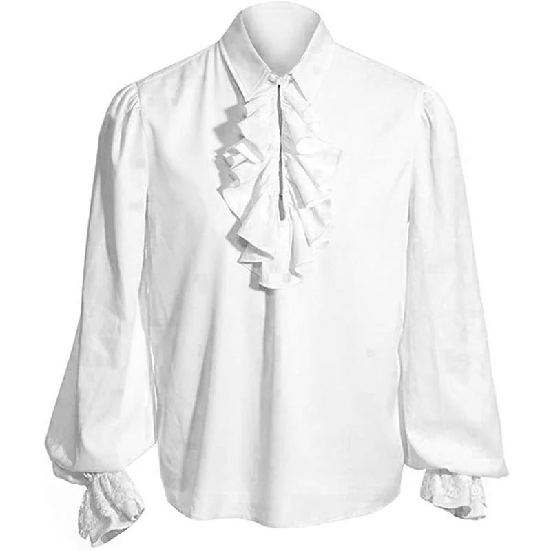 White Men's Baroque Ruffle Shirt with Stand-Up Collar & Lace Cuffs