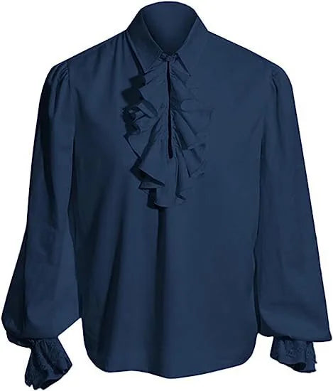Blue Men's Baroque Ruffle Shirt with Stand-Up Collar & Lace Cuffs - Shirt Blue