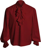 Red Men's Baroque Ruffle Shirt with Stand-Up Collar & Lace Cuffs