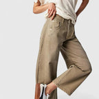 Beige Women's High Waist Barrel Leg Jeans — Gabrielle Stretch Relaxed-Fit Pockets - Side Walking Detail
