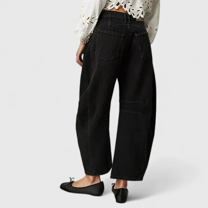 Black Women's High Waist Barrel Leg Jeans — Gabrielle Stretch Relaxed-Fit Pockets - Back Pose