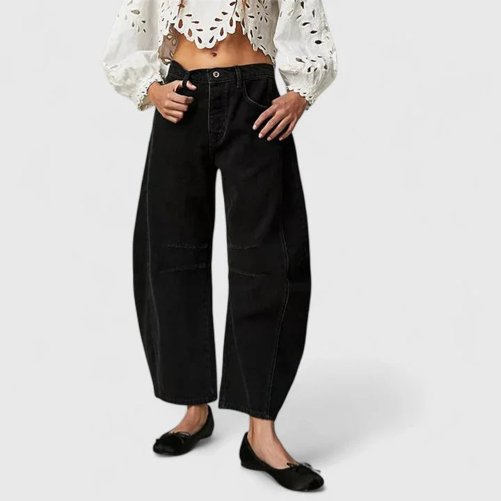 Black Women's High Waist Barrel Leg Jeans — Gabrielle Stretch Relaxed-Fit Pockets - Front Full