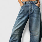 Blue Women's High Waist Barrel Leg Jeans — Gabrielle Stretch Relaxed-Fit Pockets - Close Up Front