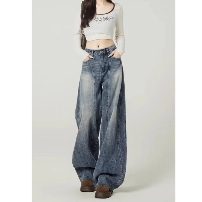 Blue Women's High Waist Barrel Leg Jeans — Ingrid Everyday Wide-Leg Washed - Front Full