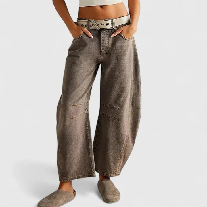 Dark Gray Women's High Waist Barrel Leg Jeans — Gabrielle Stretch Relaxed-Fit Pockets - Front Pockets Hand