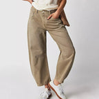 Beige Women's High-Waisted Barrel Leg Jeans — Dot Denim Curved-Seam Relaxed - Front Full Basket