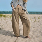 Beige Women's High-Waisted Barrel Leg Jeans — Dot Denim Curved-Seam Relaxed - Outdoor Beach Lifestyle