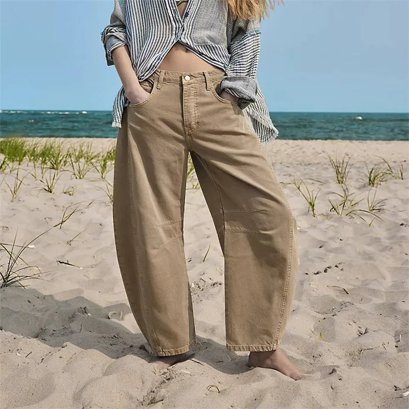 Beige Women's High-Waisted Barrel Leg Jeans — Dot Denim Curved-Seam Relaxed - Outdoor Beach Lifestyle