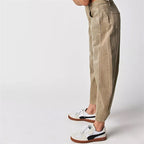 Beige Women's High-Waisted Barrel Leg Jeans — Dot Denim Curved-Seam Relaxed - Side Closeup Hand Pocket