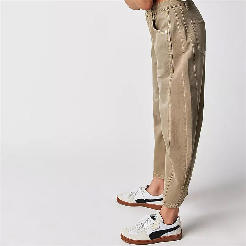 Beige Women's High-Waisted Barrel Leg Jeans — Dot Denim Curved-Seam Relaxed - Side Closeup Hand Pocket