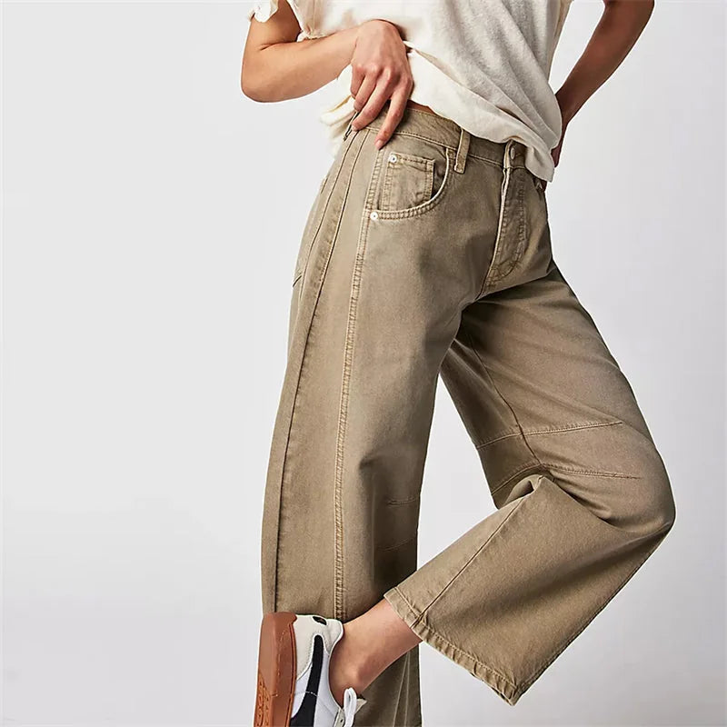 Beige Women's High-Waisted Barrel Leg Jeans — Dot Denim Curved-Seam Relaxed - Side Closeup Pocket