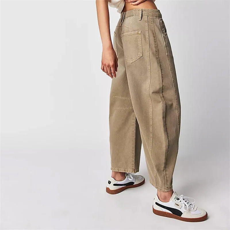 Beige Women's High-Waisted Barrel Leg Jeans — Dot Denim Curved-Seam Relaxed - Side Pose Sneakers