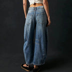 Blue Women's High-Waisted Barrel Leg Jeans — Dot Denim Curved-Seam Relaxed - Back Full Flats