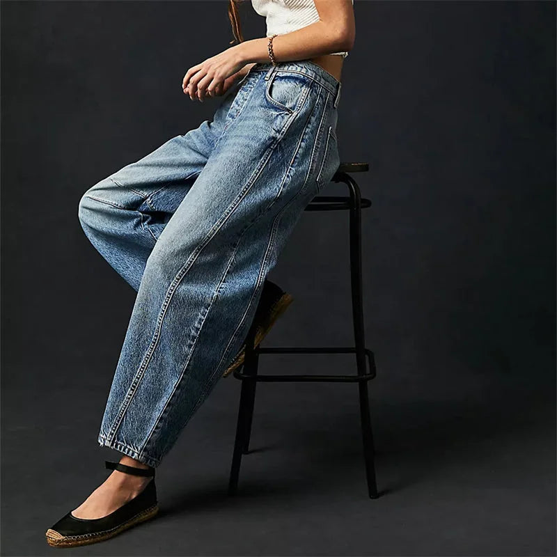 Blue Women's High-Waisted Barrel Leg Jeans — Dot Denim Curved-Seam Relaxed - Side Seated Stool