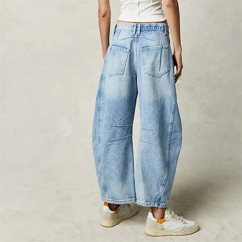 Light Blue Women's High-Waisted Barrel Leg Jeans — Dot Denim Curved-Seam Relaxed - Back Full Belt