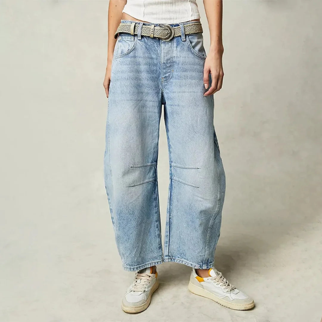 Light Blue Women's High-Waisted Barrel Leg Jeans — Dot Denim Curved-Seam Relaxed - Front Full Belt