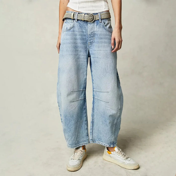 Light Blue Women's High-Waisted Barrel Leg Jeans — Dot Denim Curved-Seam Relaxed - Front Full Belt