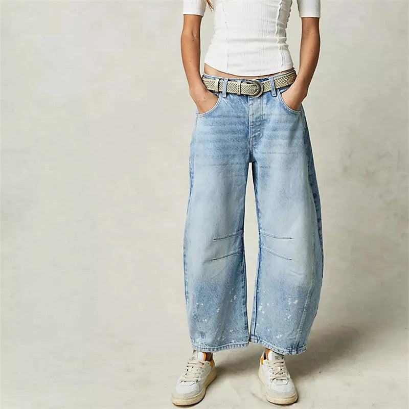 Light Blue Women's High-Waisted Barrel Leg Jeans — Dot Denim Curved-Seam Relaxed - Front Full Sneakers
