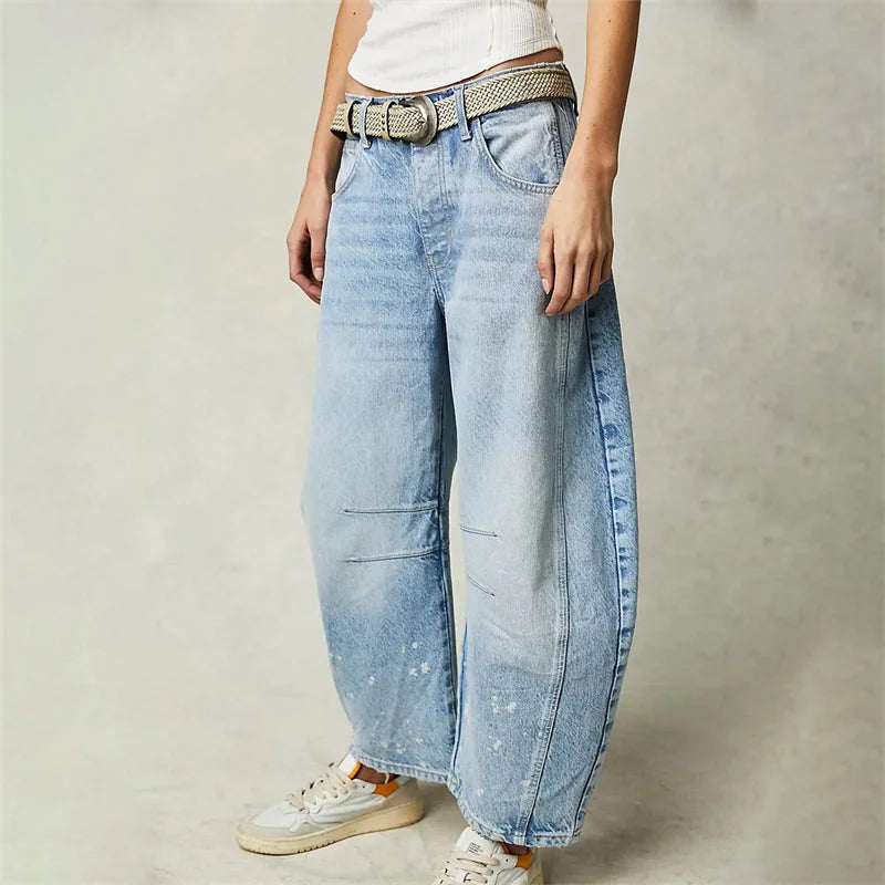 Light Blue Women's High-Waisted Barrel Leg Jeans — Dot Denim Curved-Seam Relaxed - Side Walking Belt