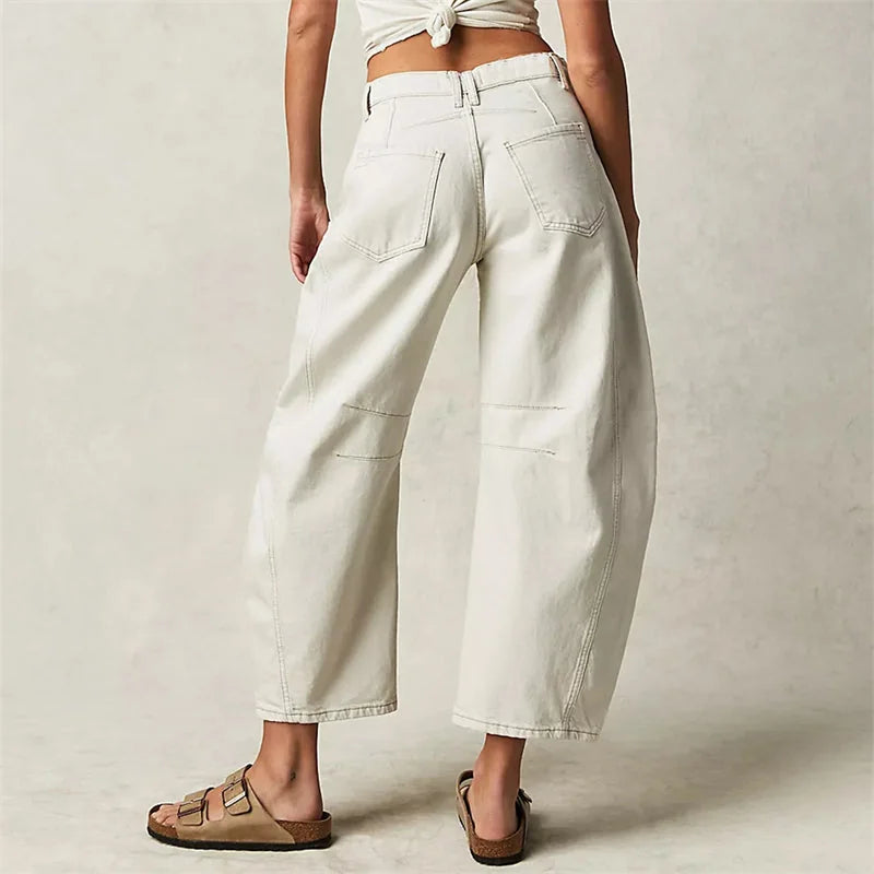 White Women's High-Waisted Barrel Leg Jeans — Dot Denim Curved-Seam Relaxed - Back Full Sandals