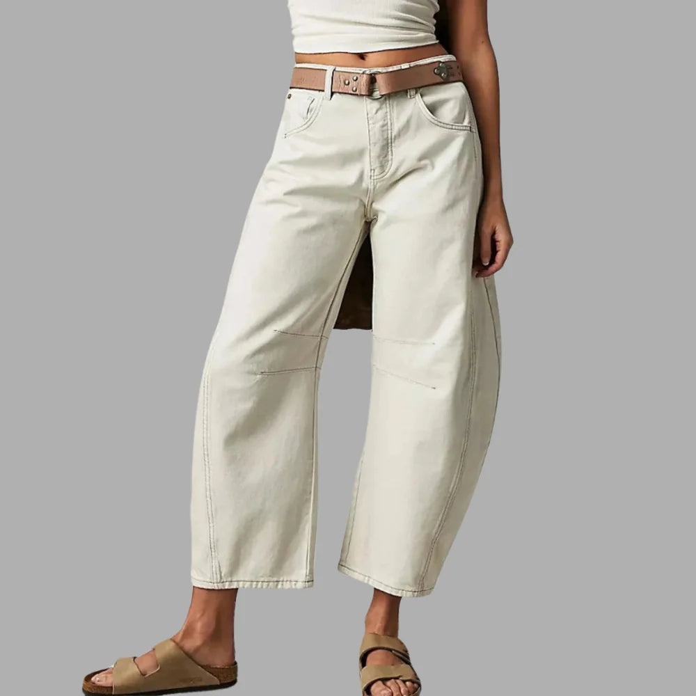 White Women's High-Waisted Barrel Leg Jeans — Dot Denim Curved-Seam Relaxed - Front Full Belt Sandals