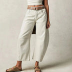 White Women's High-Waisted Barrel Leg Jeans — Dot Denim Curved-Seam Relaxed - Side Pose Sandals