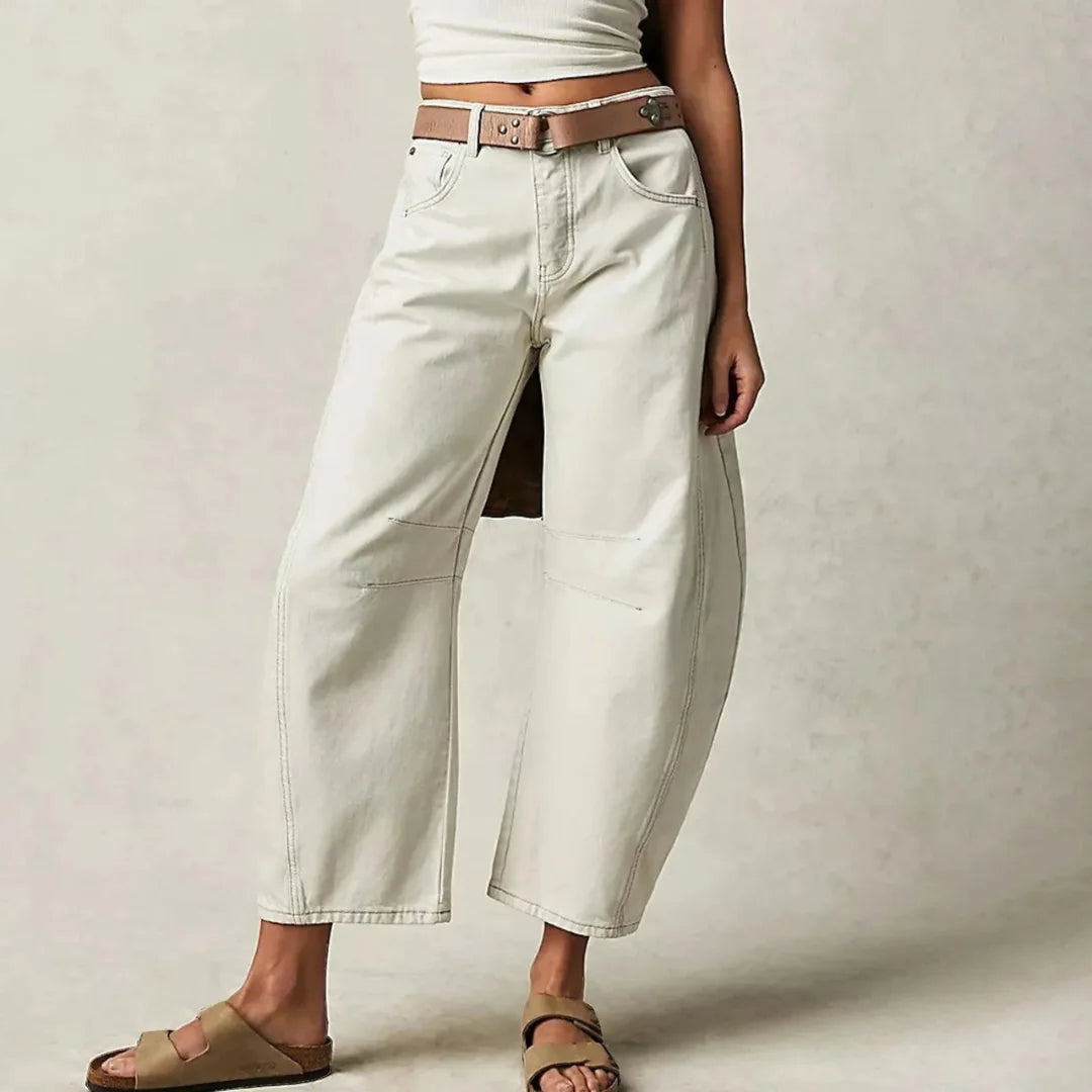 White Women's High-Waisted Barrel Leg Jeans — Dot Denim Curved-Seam Relaxed - Side Pose Sandals