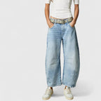 Light Blue Women's High Waist Barrel Leg Jeans — Gabrielle Stretch Relaxed-Fit Pockets - Front Belted 2