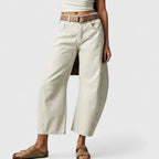 White Women's High Waist Barrel Leg Jeans — Gabrielle Stretch Relaxed-Fit Pockets - Front Belt Detail