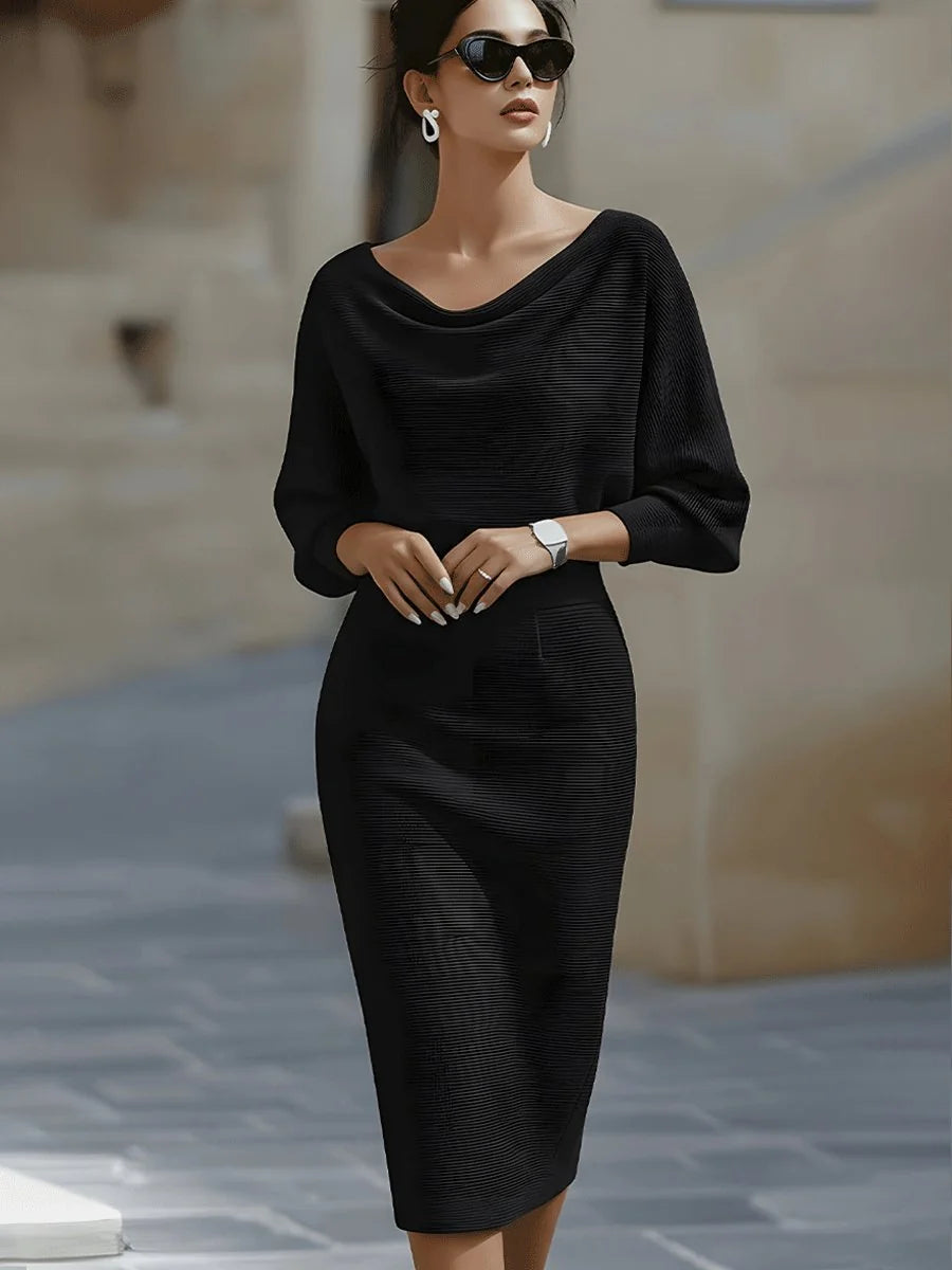 Black Women's Batwing Midi Dress with Cowl Neckline & Fitted Skirt - Model Walking