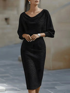 Women's Batwing Midi Dress with Cowl Neckline & Fitted Skirt