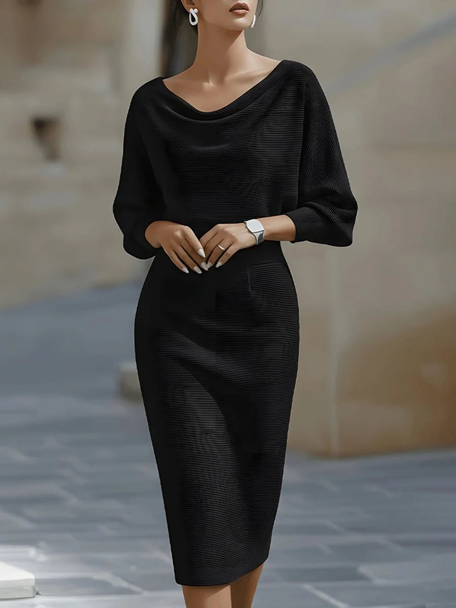 Women's Batwing Midi Dress with Cowl Neckline & Fitted Skirt