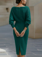 Women's Batwing Midi Dress with Cowl Neckline & Fitted Skirt - Green Back Detail Slit