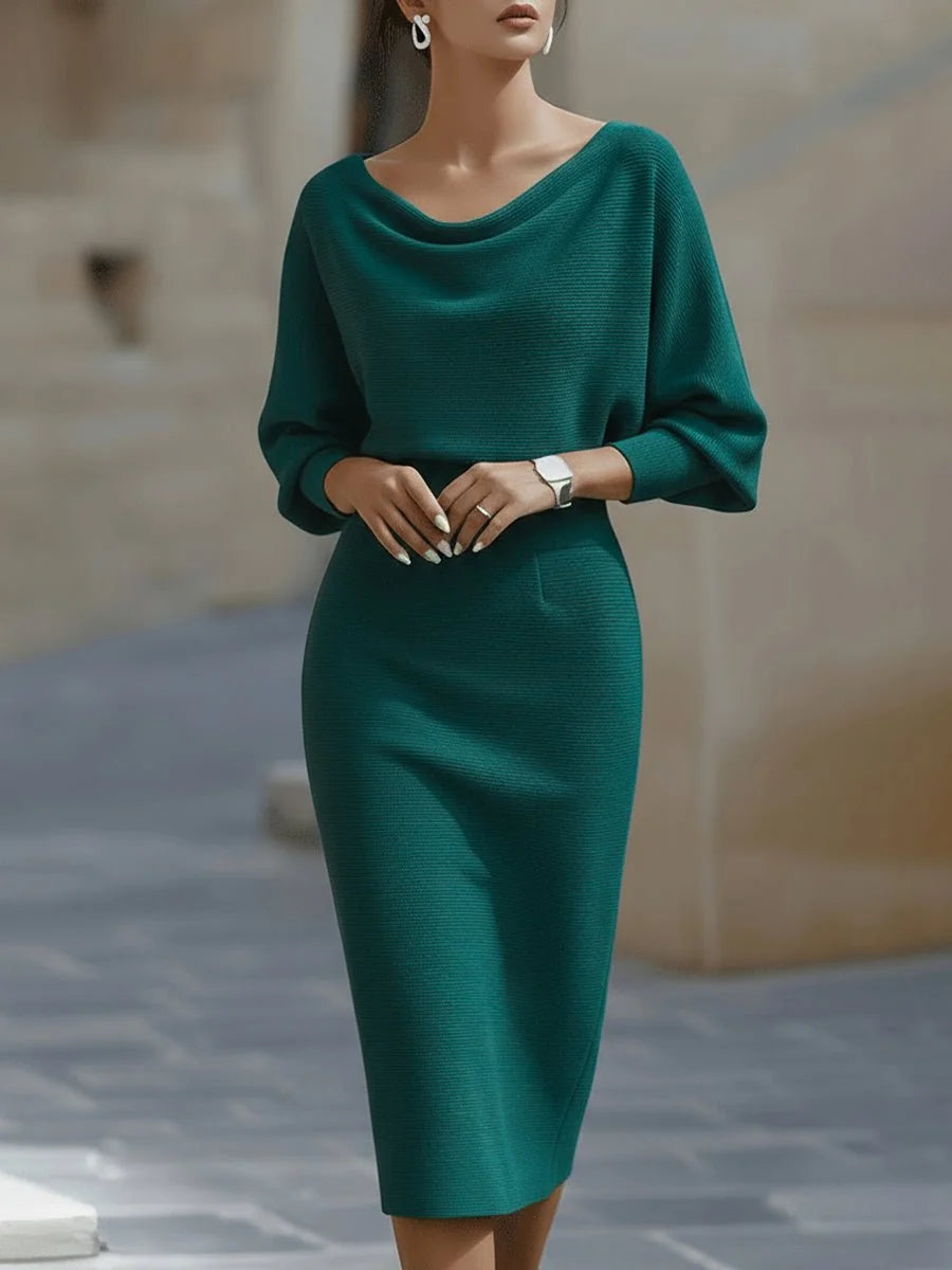 Blue Green Women's Batwing Midi Dress with Cowl Neckline & Fitted Skirt - Front Pose