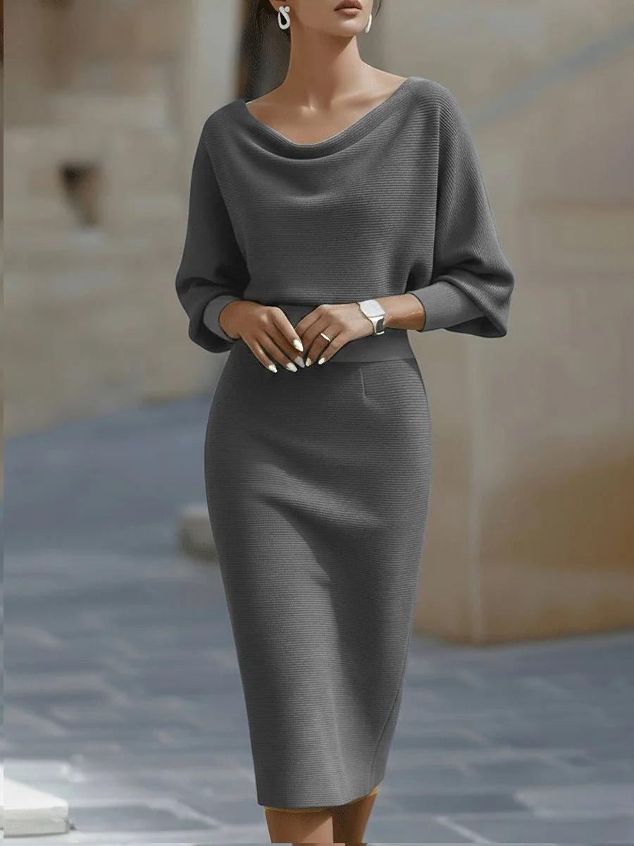 Grey Women's Batwing Midi Dress with Cowl Neckline & Fitted Skirt - Front Torso Pose
