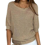 Beige Women's Batwing Sleeve Knit Sweater with Relaxed Fit & Ribbed Hem — Tamsin