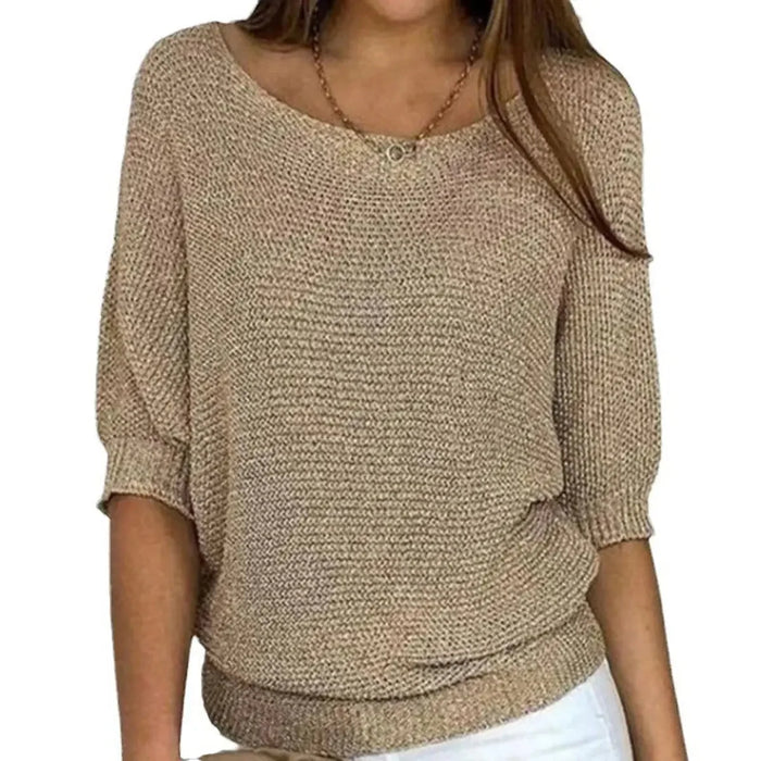 Beige Women's Batwing Sleeve Knit Sweater with Relaxed Fit & Ribbed Hem — Tamsin