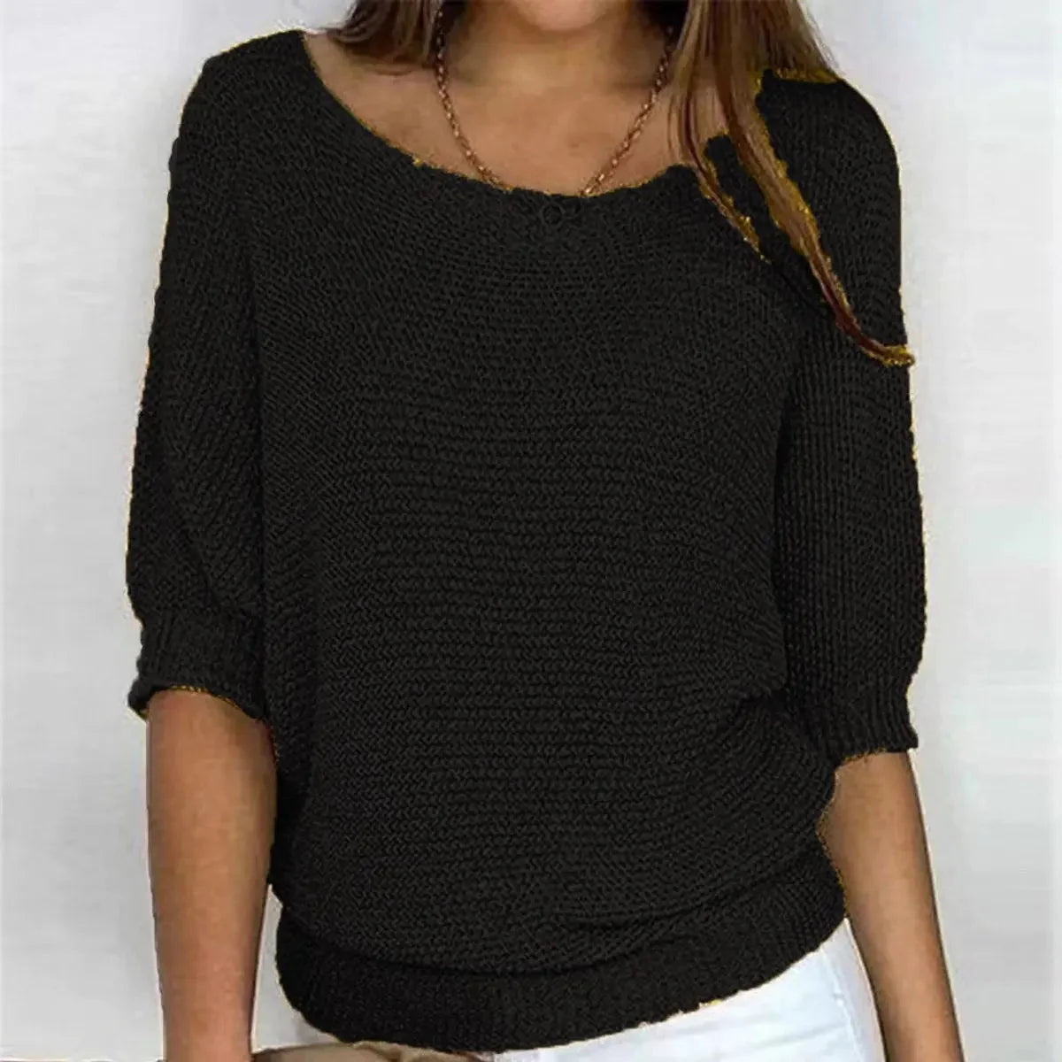 Black Women's Batwing Sleeve Knit Sweater with Relaxed Fit & Ribbed Hem — Tamsin