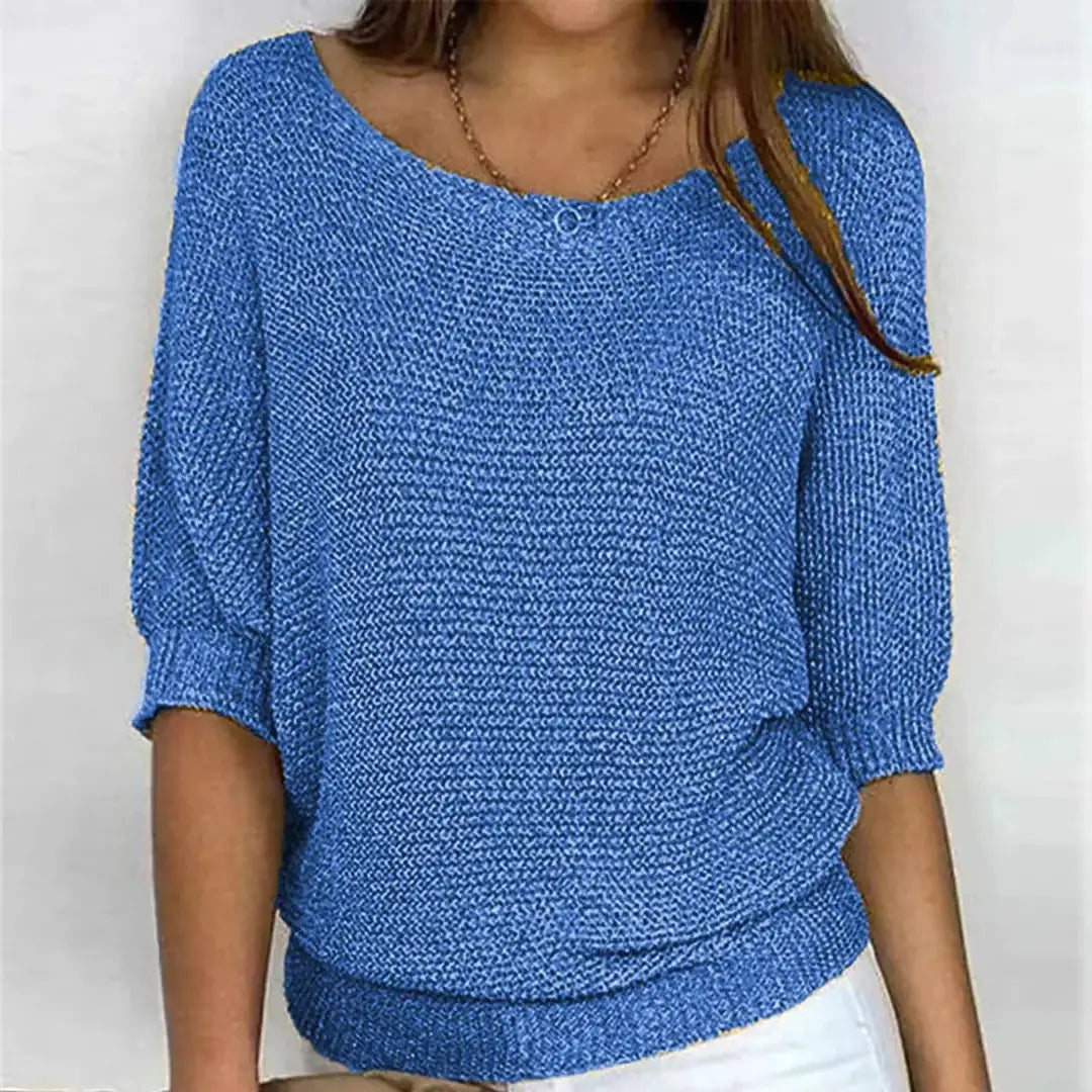Blue Women's Batwing Sleeve Knit Sweater with Relaxed Fit & Ribbed Hem — Tamsin
