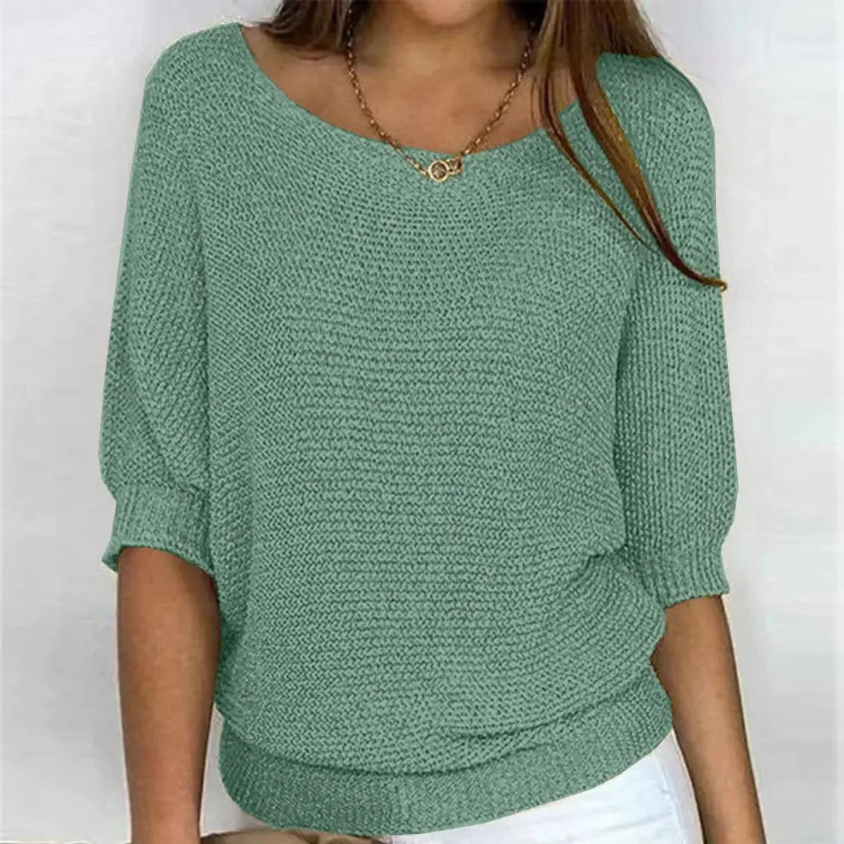Dark Green Women's Batwing Sleeve Knit Sweater with Relaxed Fit & Ribbed Hem