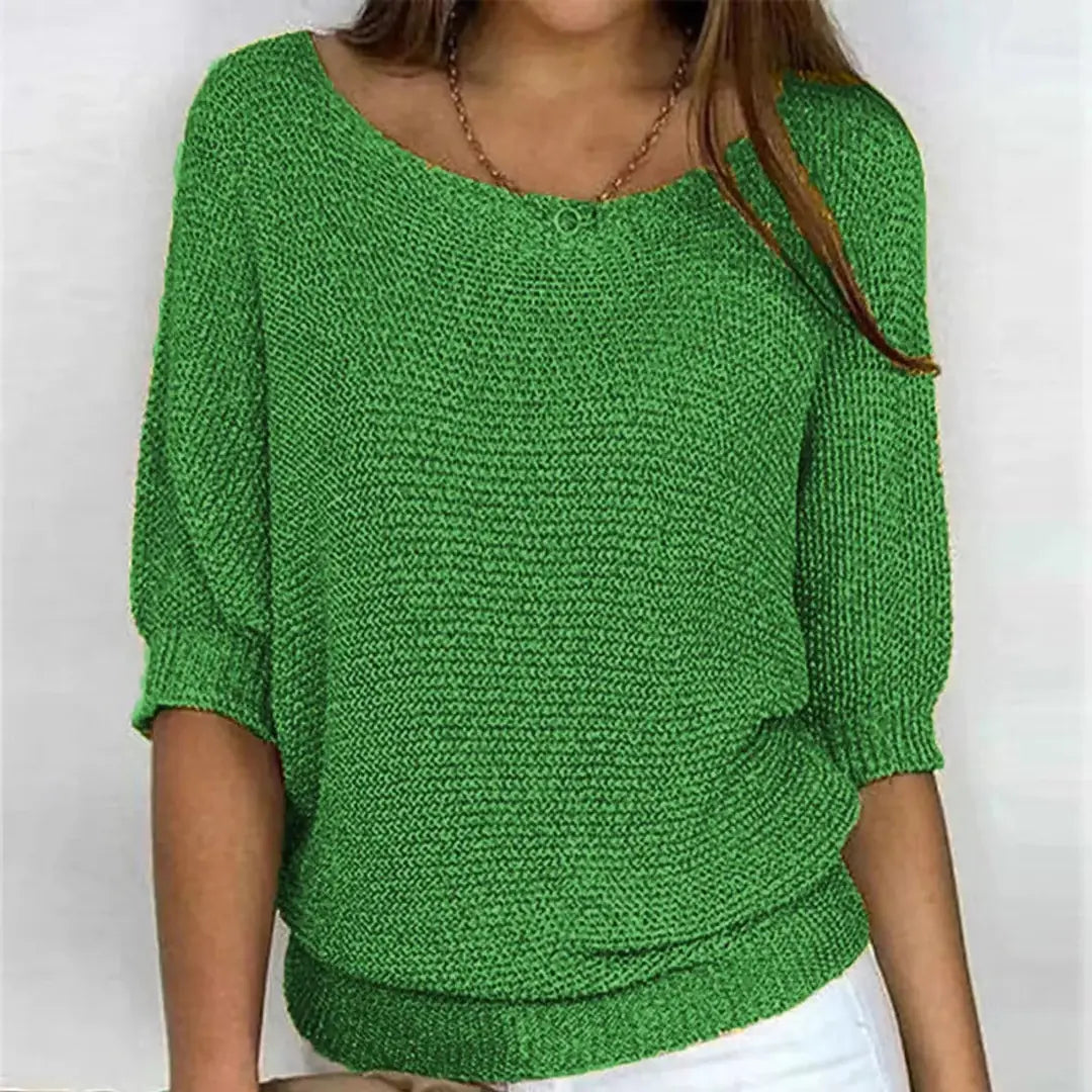 Green Women's Batwing Sleeve Knit Sweater with Relaxed Fit & Ribbed Hem — Tamsin
