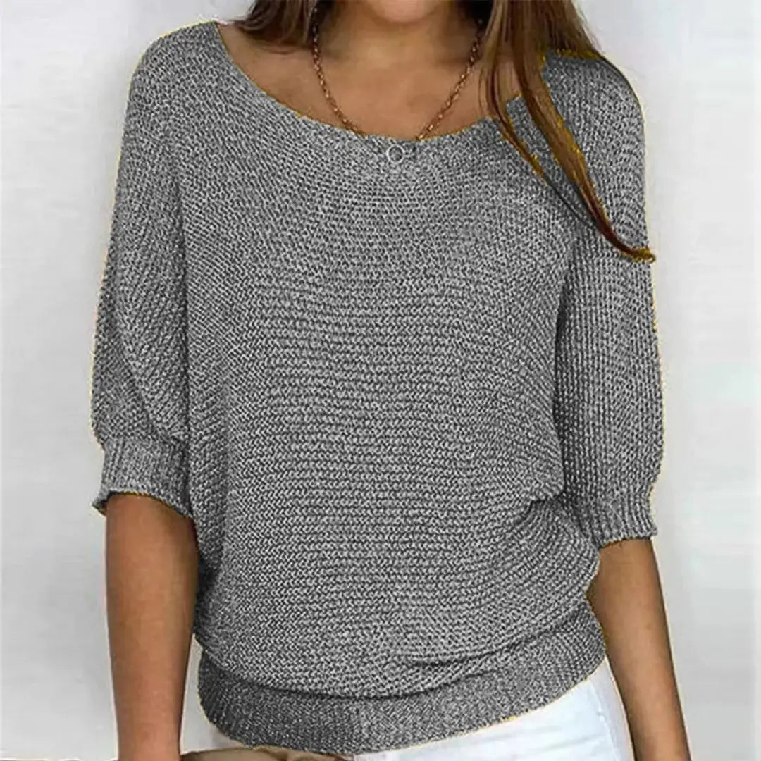 Grey Women's Batwing Sleeve Knit Sweater with Relaxed Fit & Ribbed Hem — Tamsin