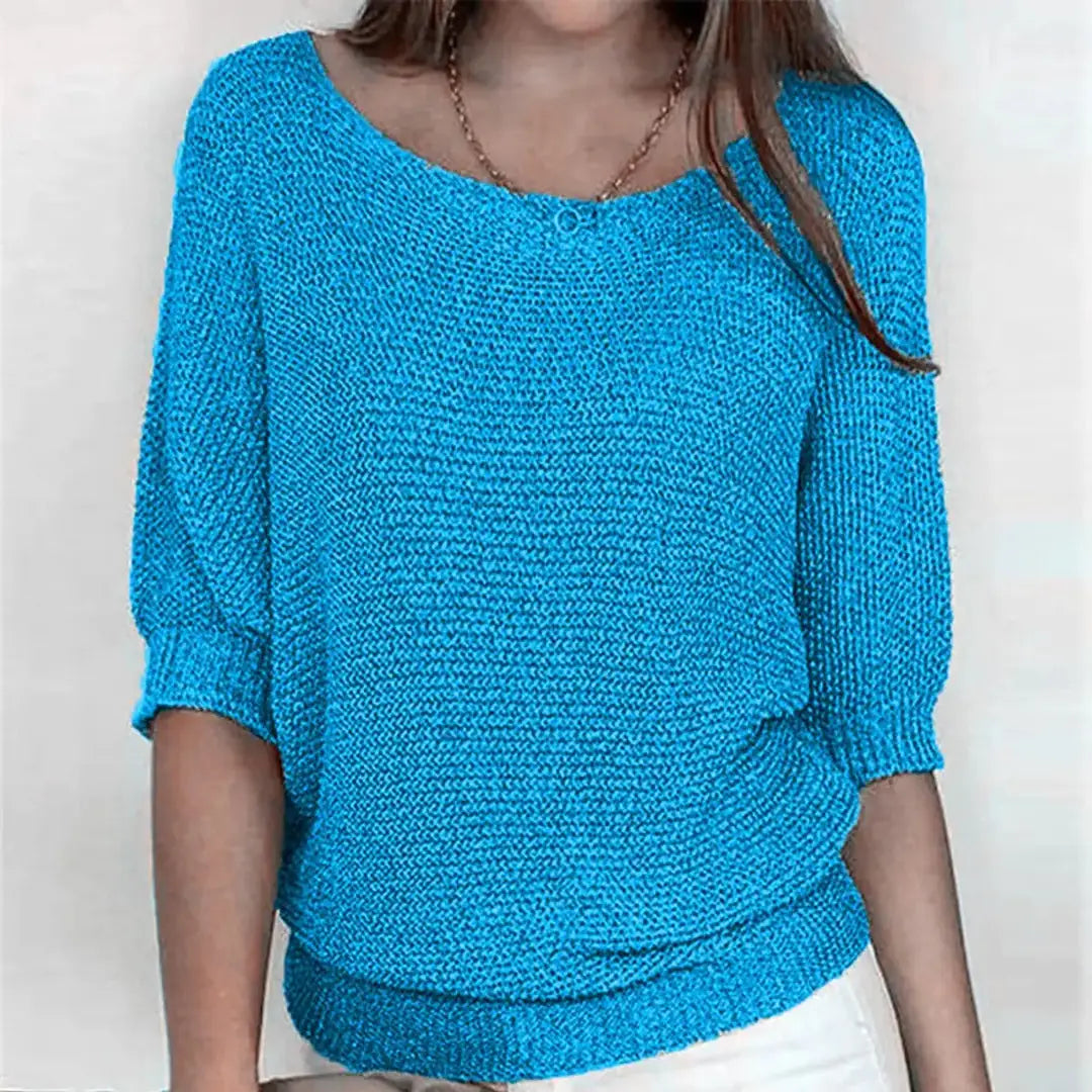 Light Blue Women's Batwing Sleeve Knit Sweater with Relaxed Fit & Ribbed Hem — Tamsin