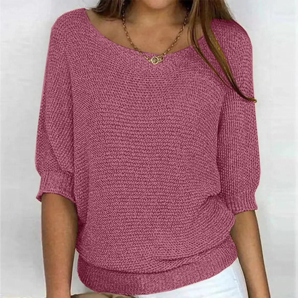 Pink Women's Batwing Sleeve Knit Sweater with Relaxed Fit & Ribbed Hem