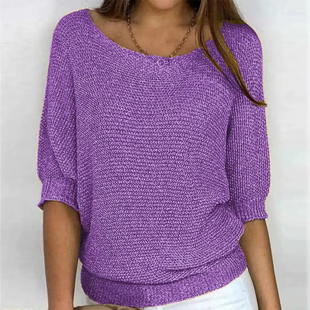 Purple Women's Batwing Sleeve Knit Sweater with Relaxed Fit & Ribbed Hem