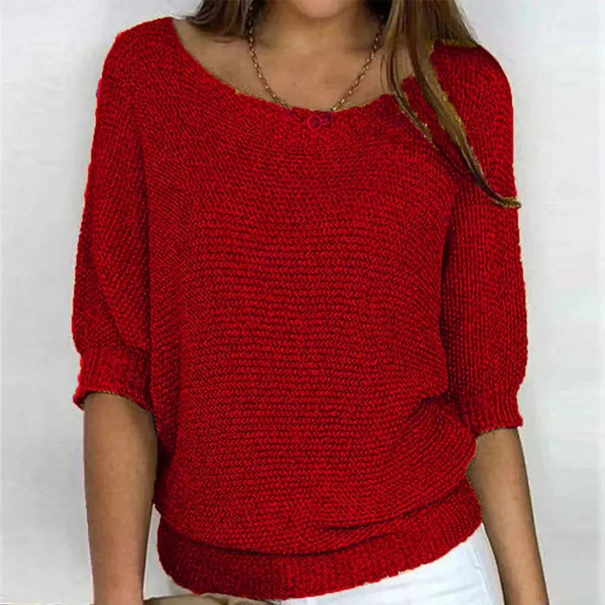 Red Women's Batwing Sleeve Knit Sweater with Relaxed Fit & Ribbed Hem — Tamsin
