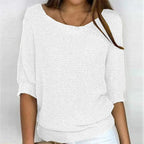 White Women's Batwing Sleeve Knit Sweater with Relaxed Fit & Ribbed Hem — Tamsin