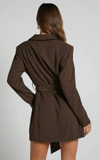 Brown Women's Double-Breasted Belted Blazer Dress with Notched Lapel - Back Full View