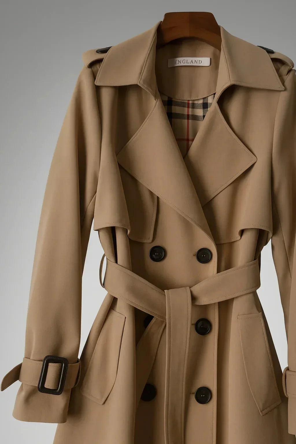 Beige Women's Belted Trench Coat with Double-Breasted Notched Lapel & Plaid Lining — Helena - Close Up Collar